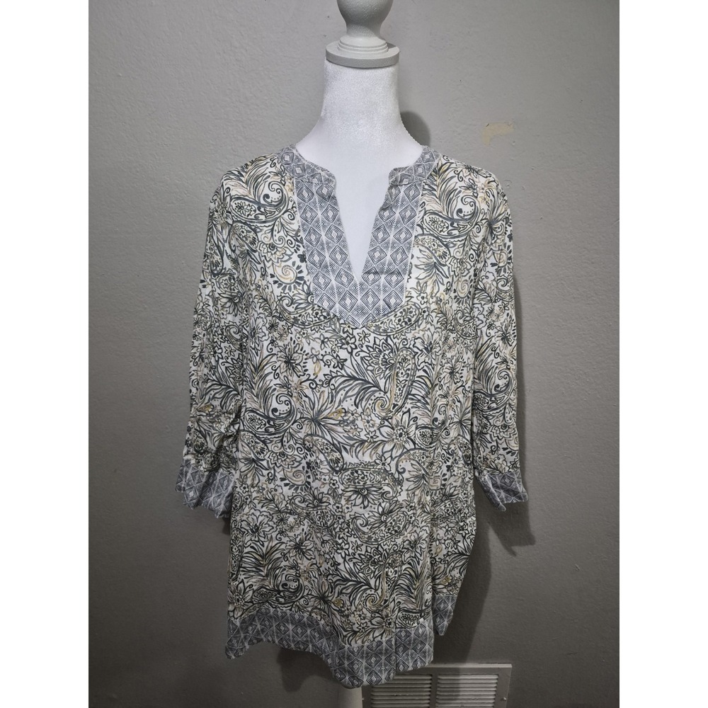 Sigrid Olsen Womens Floral Tunic Top Small 100% Linen Gray Coastal Beachy Flowy‎